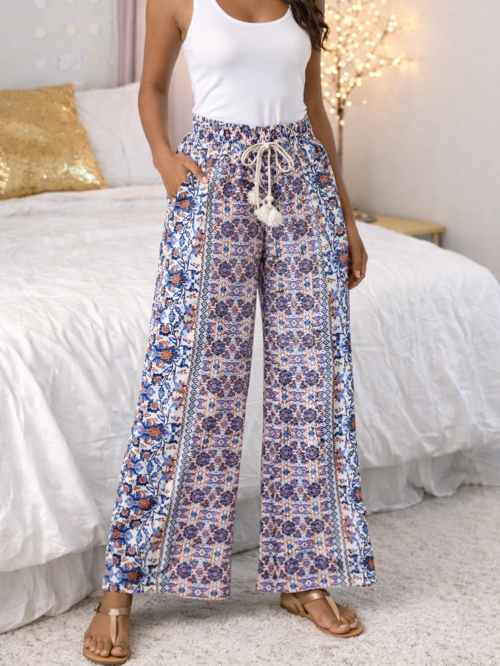 Boho Drawstring Wide-Leg Pants in Blue & Rust Floral